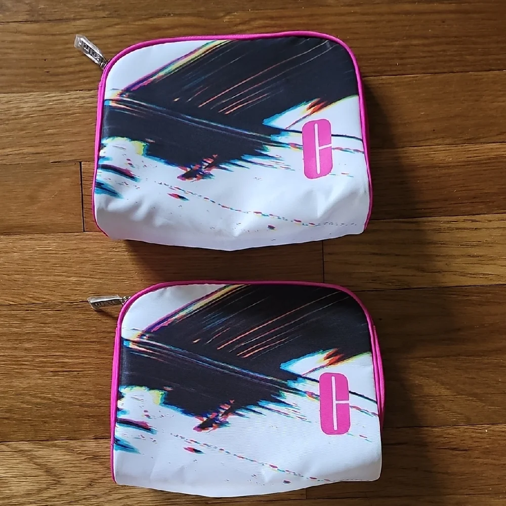 Clinique Pink White Zippered Makeup Bag Bundle of Qty 2 NWOT